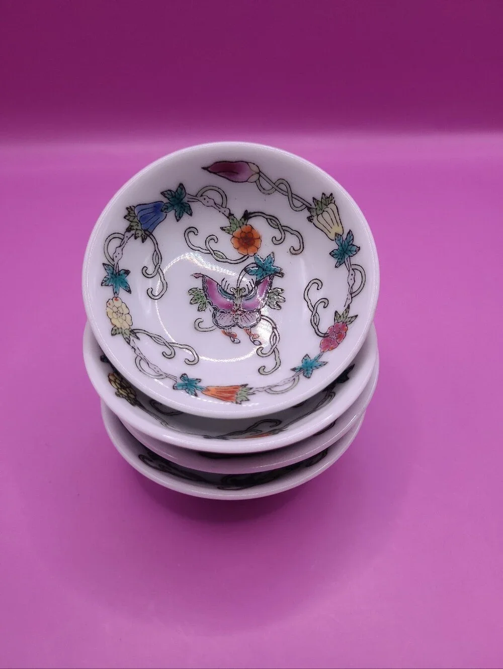 Mid Century Jingdezhen Zhongguo Butterfly Dipping Sauce Bowl Set Hand Painted 4